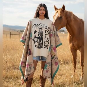 WILLIE NELSON BAND T Poncho Kantha Handmade One Of a Kind Upcycled Boho pockets